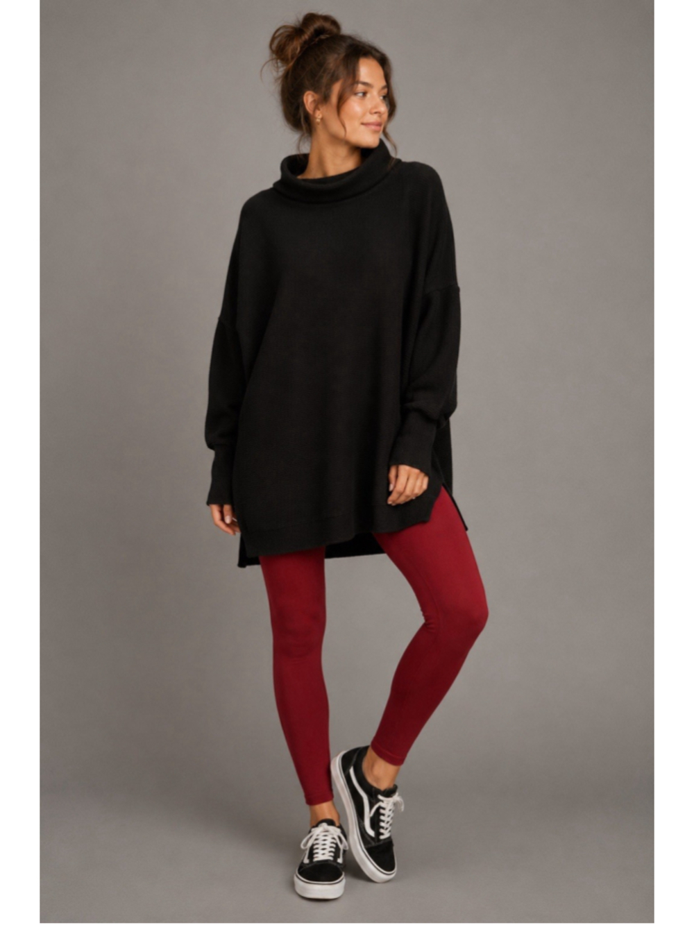 Free People Oversized Rib Knit Tunic Sweater Womens Large Black Cowl Neck Dolman